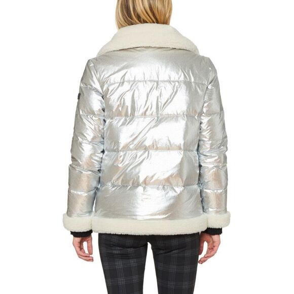 New! SANCTUARY Women's Metallic Puffer Jacket Faux Shearling Trim Size Small - Picture 6 of 10
